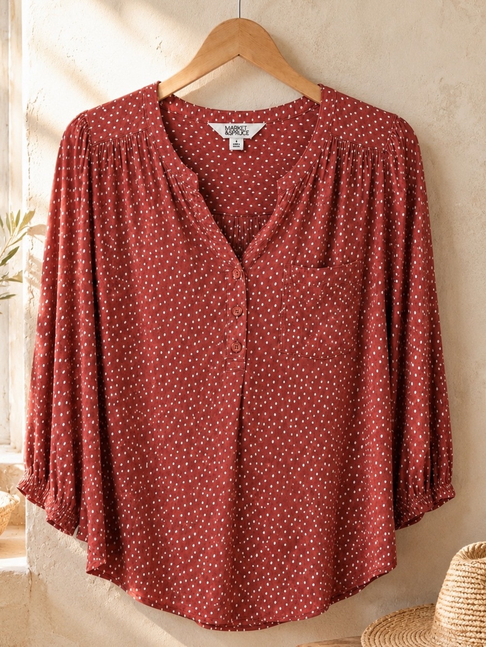 ✨ Market & Spruce Rust Polka Dot Flowy Boho Blouse Top Size S ✨